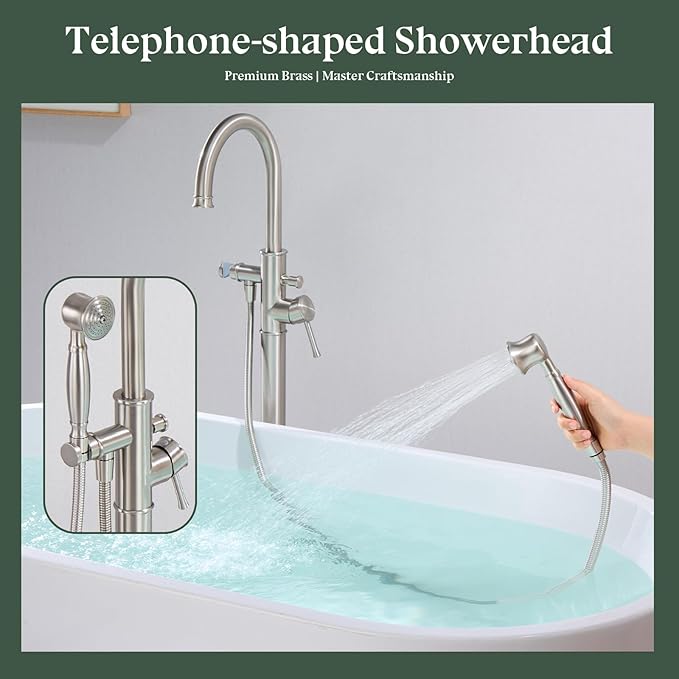 Free Standing Tub Faucet, Wintap Classic Freestanding Bathtub Faucet with Sprayer Brass Elegant Floor Mount Bath Faucets High Flow Roman Tub Filler, Brushed Nickel （WT-3311BN）