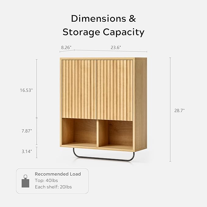 Fluted Wall Cabinet Set of 2, Wooden Bathroom Medicine Cabinet Storage with 2 Doors, Adjustable Shelf and Towels Bar, Modern Wall Mount Large Floating Cabinet for Kitchen Natural Oak