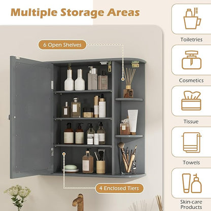 RELAX4LIFE Bathroom Wall Cabinet with Mirror - Medicine Cabinet w/Door & Open Shelves, Over The Toilet Storage Cabinet Organizer, Mirrored Bathroom Cabinet Wall Mount (Grey)