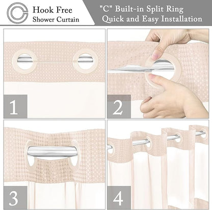 Gibelle Long Shower Curtain 72x80, Waffle Weave Bathroom Shower Curtain with Snap-in Fabric Liner Set, No Hooks Needed, Hotel Style with Mesh Top Window, Blush Pink