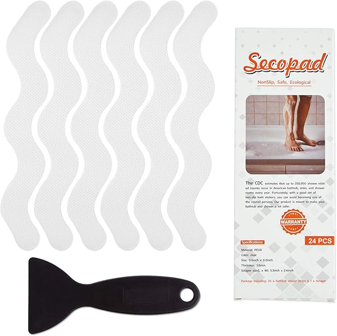 Anti Slip Shower Stickers, Adhesive Decals Safety Strips with Scraper for Bath Tub, Shower Floor, Stairs, 24 Pieces (Clear)