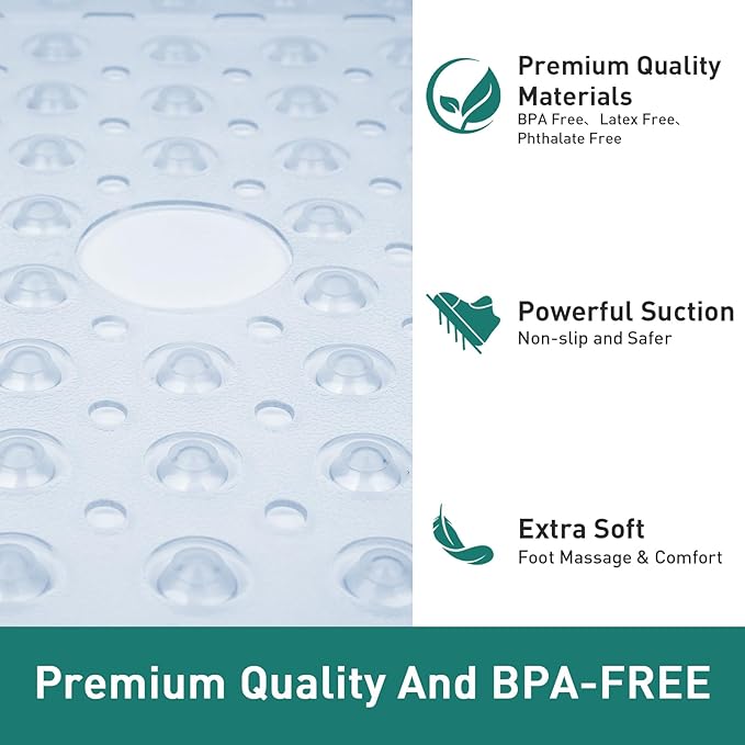 Large Clear Square Shower Mat Non Slip 27 x 27 Inch, Soft Bath Mat Bathtub Mat for Inside Shower Bathroom Floor, Shower Stall Mats with Big Suction Cups Drain Holes, Easy Washable, BPA-Free