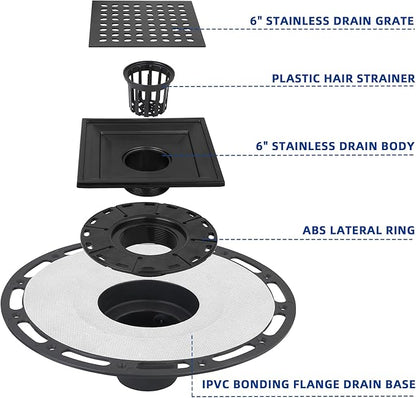 Square Shower Drain, 6-Inch Matte Black Kit with Bonding Flange, Removable Stainless Steel Grate & Hair Strainer, Fits 2" & 3" Pipes for Tiled Floors