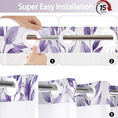 No Hook Shower Curtain and Liner Set, Light Purple Eucalyptus Floral Shower Curtains for Bathroom, Bath Curtain Sets with Snap in Liner, Waterproof with See Through Top Window, 71x74 Inches
