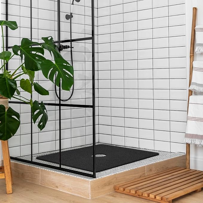 Shower Mat Non Slip,27 x 27 Inch Extra Large Bath Mat with Drain,Soft Square Loofah Shower Stall Mat Bathtub Mat for Bathroom,Without Suction Cups (Black)