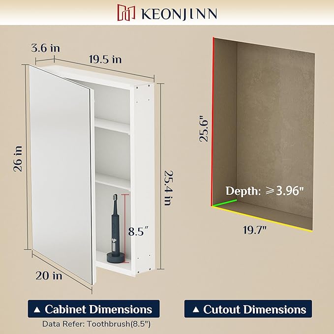 Keonjinn 20 x 26 Inch Medicine Cabinet for Bathroom, Silver Mirrored Medicine Cabinet, Assembly Required, Freely Adjustable Shelves, Tempered Glass, in Wall or Surface Mount