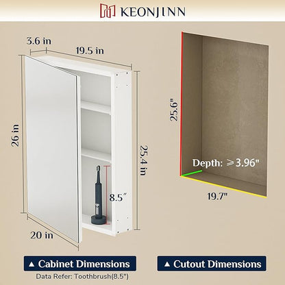 Keonjinn 20 x 26 Inch Medicine Cabinet for Bathroom, Silver Mirrored Medicine Cabinet, Assembly Required, Freely Adjustable Shelves, Tempered Glass, in Wall or Surface Mount