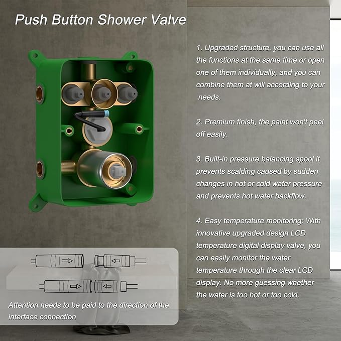 Temperature Display Shower Fixtures Brushed Nickel Rainfall Shower System, Push Button Shower Faucet with 2 Wall Mounted Shower Head(12+8"), Handheld Shower