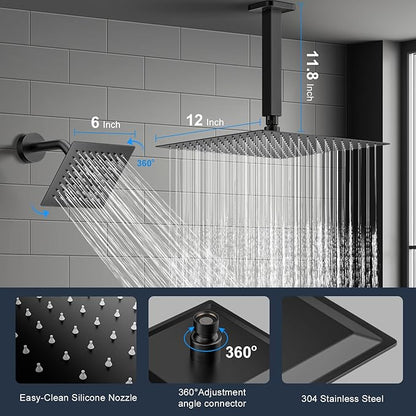 Shower Faucet Set, 3-Setting Push Button Matte Black Shower System, 12 Inch Ceiling Mounted Shower Head, 6 Inch Wall Mounted Rain Shower Head with 2 in 1 Handheld Spray, Shower Valve Trim Kit