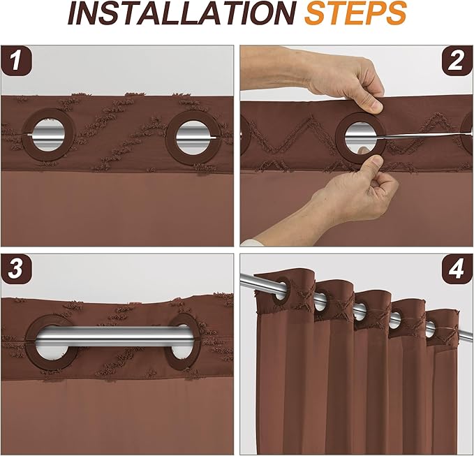 No Hooks Required Boho Farmhouse Shower Curtain Tufted Chevron Striped with Snap in Liner - 72W x 80H, Water Resistant Hotel Grade Spa Like Bathroom Curtain Set, Brown