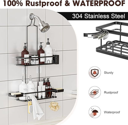 Shower Caddy Hanging, Rustproof Shower Shelves - No Drilling Inside Bath, Extended Length Shower Organizer with Soap Holder; Toothbrush Holder, Black
