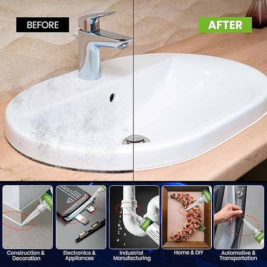 RTV Silicone Adhesive Sealant 100% Silicone Sealer All-Purpose Caulk Waterproof Stronger Adhesion, Shrink & Crack Proof Caulking for Car, Kitchen, Window, Bathroom, Door (White, 3.4 Fl. Oz.)