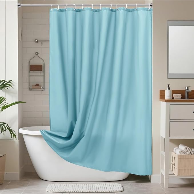 AooHome Stall Size 48x72 inch Shower Liner, Fabric Solid Color Bathroom Curtain with Hooks, Weighted Hem, Water Repellent, Blue