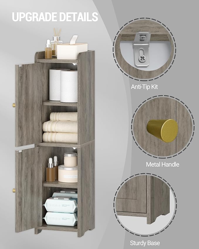Bathroom Storage Cabinet, Corner Floor Cabinet with 2 Doors and Adjustable Shelf, Narrow Toilet Paper Cabinets, Bathroom Organizer for Small Spaces, 7.9" D x 7.9" W x 29.5" H Greige