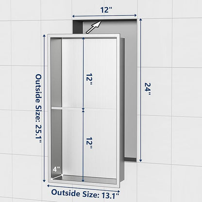 Stainless Steel Shower Niche 24" X 12", No Tile Needed Wall Niche Double Shelves, Recessed Niche Shower for Bathroom Storage, Brushed Nickel