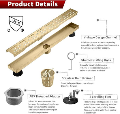 Sharp-tec Linear Shower Drain, 36 inch Shower Drain with Removable Pattern Cover, Brushed Gold 304 Stainless Steel Rectangle Floor Drain, Adjustable Feet and Hair Strainer Included (Model 101)
