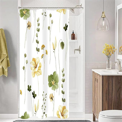 Gibelle Small Stall Shower Curtain 36 x 72, Narrow Half Watercolor Floral Fabric Shower Curtain, Olive Green Beige Flower Decorative Bathroom Shower Curtain Set
