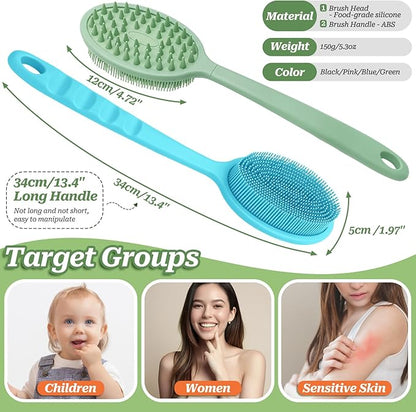 Silicone Face & Back Scrubber Set, Manual Face & Body Scrubber Exfoliator with Soft Bristles and Non-Slip Handle, Back Brush Bath Brush with 2 Detachable Brush Heads(3PCS Blue Set)