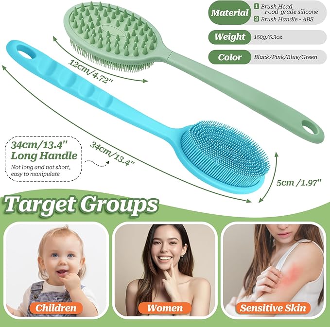 Silicone Back Washer for Shower, Gentle Exfoliating Body & Back Scrubber with Handle, Silicone Loofah with Two Dual-Side & Replaceable Brush Heads(Green-Two Heads)