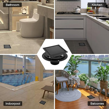 4 Inch Square Shower Drain with Flange, Removeable Grate SUS 304 Stainless Steel Shower Drain with Hair Catcher (Matte Black-1, 4 Inch)