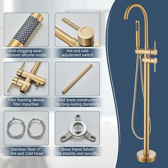 Brushed Gold Freestanding Bathtub Faucet with Hand Shower Tub Filler Faucet Floor Mounted High Flow Single Handle Bath Filler Solid Brass