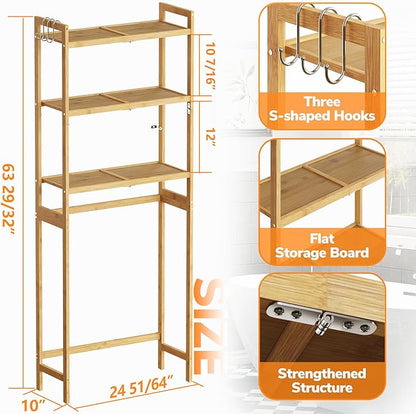 AMBIRD Over The Toilet Storage, 3-Tier Bathroom Organizer Over Toilet with Sturdy Bamboo Solid Shelves, Non-Slip Pads and 3 Hooks, Multifunctional Behind Toilet Shelf Rack, Space Saver (Original)