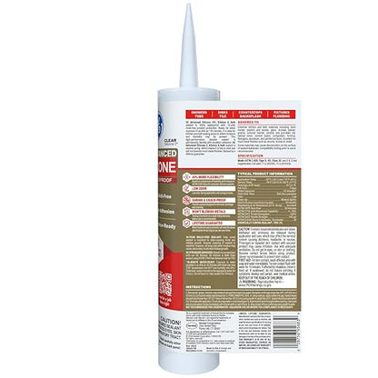 GE Advanced Silicone Caulk for Kitchen & Bathroom, Clear, 10 fl oz Cartridge, 1 Pack - 100% Waterproof Silicone Sealant, 5X Stronger Adhesion, Shrink & Crack Proof