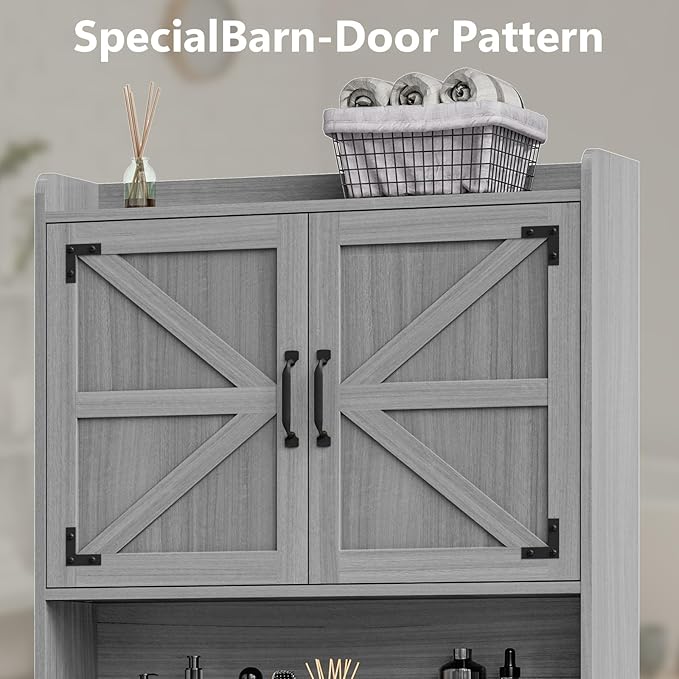 Vabches Over The Toilet Storage Cabinet, Farmhouse Storage Cabinet Over Toilet with Barn Doors & Toilet Paper Holder Stand，Home Space-Saving Toilet Rack, for Restroom/Laundry and Bathroom