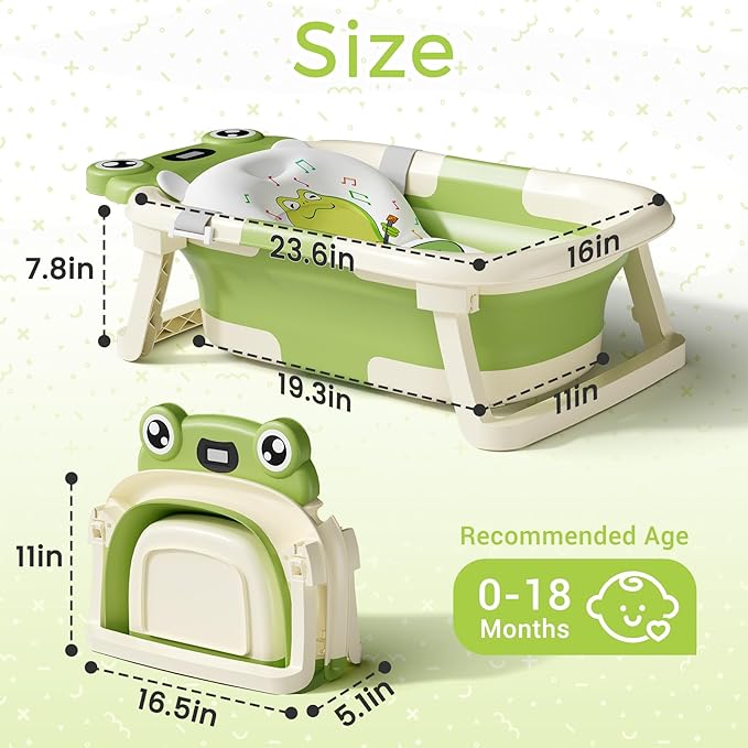 Baby Bathtub, Collapsible Newborn Bathtub for Infant to Toddler 0-24 Months with Soft Cushion and Thermometer,Portable Travel Newborn Tub with No-Slip Feet, Baby Shower Gifts,Green