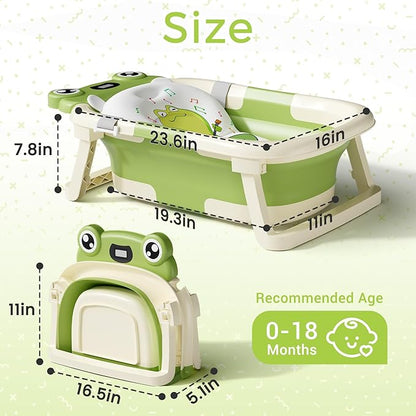Baby Bathtub, Collapsible Newborn Bathtub for Infant to Toddler 0-24 Months with Soft Cushion and Thermometer,Portable Travel Newborn Tub with No-Slip Feet, Baby Shower Gifts,Green