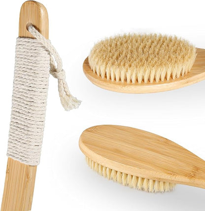Bath Body Brush Shower, 22" Super Long Curved Bamboo Handle Antiskid Back Body Scrubber Wet/Dry Brushing, Moderately Soft Natural Bristle Body Brush for Showering