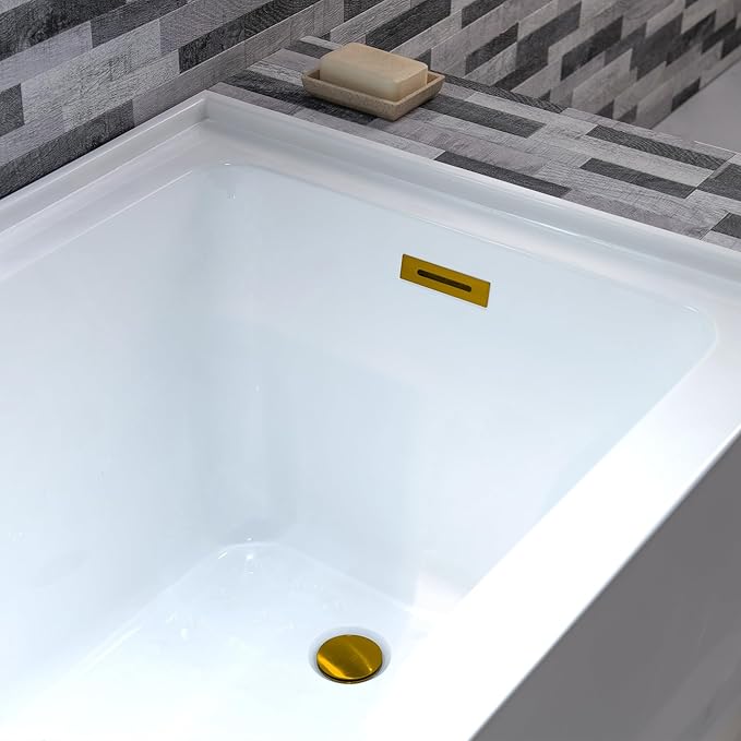 WOODBRIDGE 54" Acrylic Rectangular Alcove Soaking Bathtub in White with Right Drain, Brushed Gold Pop-Up Drain Included BA5430R