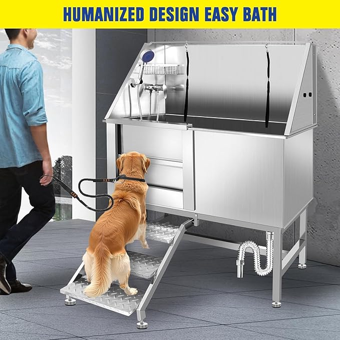 Professional 304 Stainless Steel Dog Bathing Station, 50 inch Pet Grooming Tub with Anti-Slip Ramp, Storage Drawer, Hot/Cold Faucet for Large Medium Small Dogs