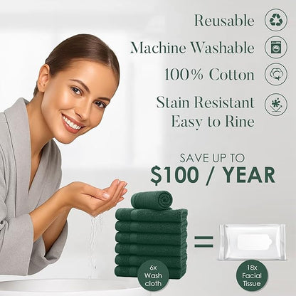 DAN RIVER 12-Pack Premium 100% Cotton Huntergreen Face Towels – Reusable Face Towel Set, Soft & Absorbent Cleaning Rags for Bathroom & Body – Hand and Face Towels, 550 GSM (12x12 in)