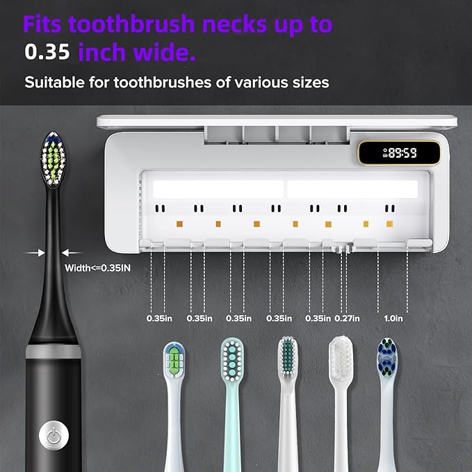 Smart Toothbrush Sanitizer & Holder, 5+1+1 Slot Wall Mounted Toothbrush Cleaner with Heating Dryer, No-Drilling Bathroom Storage for Multiple Toothbrushes and Electric Brushes