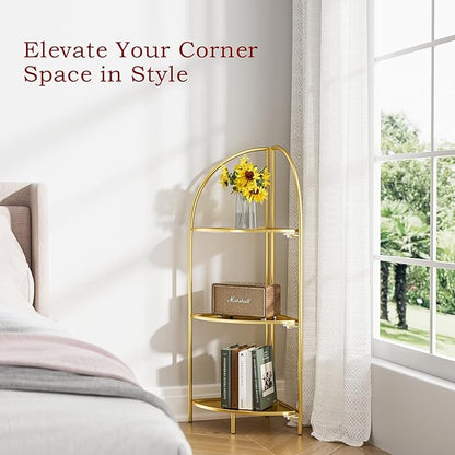 Crofy Foldable 3 Tier Corner Shelf, Metal Corner Plant Stand with Gold Frame and Gold Shelves, Corner Display Rack Multipurpose Shelving Unit for Living Room, Bedroom, Bathroom
