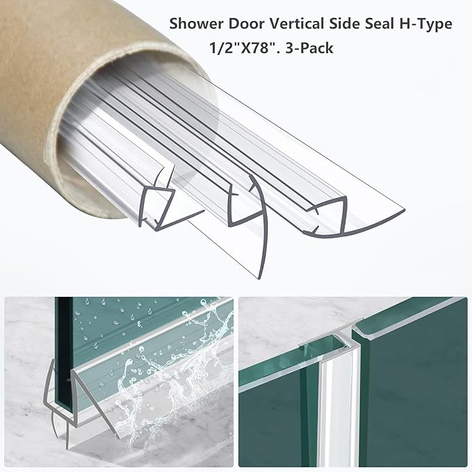 Shower Door Bottom&Side Seal Set 3PCS, 78" (1981mm) Length H-Type PVC Strip for 1/2" (12mm) Thick Frameless Glass Door, to Stop Water Leaks