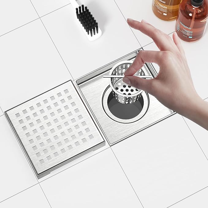 Neodrain 4-Inch Square Shower Drain with Removable Quadrato Pattern Grate, Brushed 304 Stainless Steel Square Drain for Bathroom with Hair Strainer,CUPC Certified