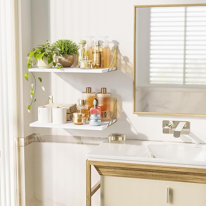 Love-KANKEI Deep Floating Shelves for Wall, 16" W x 12" D Wall Shelves Set of 2, Rustic Large Wood Hanging Shelves for Storage, Bathroom Bedroom Living Room Kitchen White and Gold