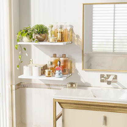 Love-KANKEI Deep Floating Shelves for Wall, 16" W x 12" D Wall Shelves Set of 2, Rustic Large Wood Hanging Shelves for Storage, Bathroom Bedroom Living Room Kitchen White and Gold