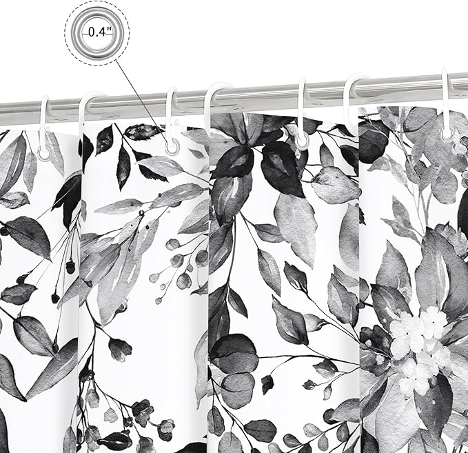 Gibelle Small Stall Shower Curtain 36 x 72, Narrow Black and White Floral Shower Curtain, Watercolor Plant Eucalyptus Leaves Fabric Shower Curtain Set