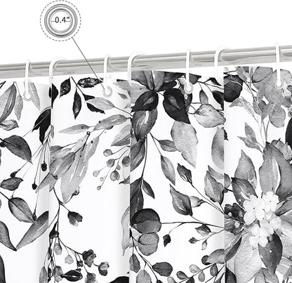 Gibelle Small Stall Shower Curtain 36 x 72, Narrow Black and White Floral Shower Curtain, Watercolor Plant Eucalyptus Leaves Fabric Shower Curtain Set