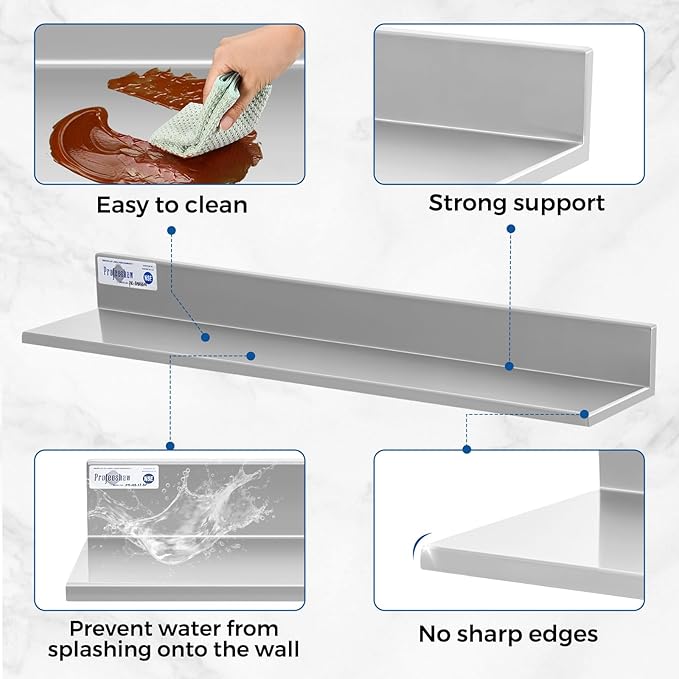 Profeeshaw Stainless Steel Shelf Wall Mounted Commercial Stainless Steel Shelves 8.6 * 30 Inch 58lb Heavy Duty Commercial Kitchen Shelf for Restaurant, Bar, Utility Room, Kitchen and Garage