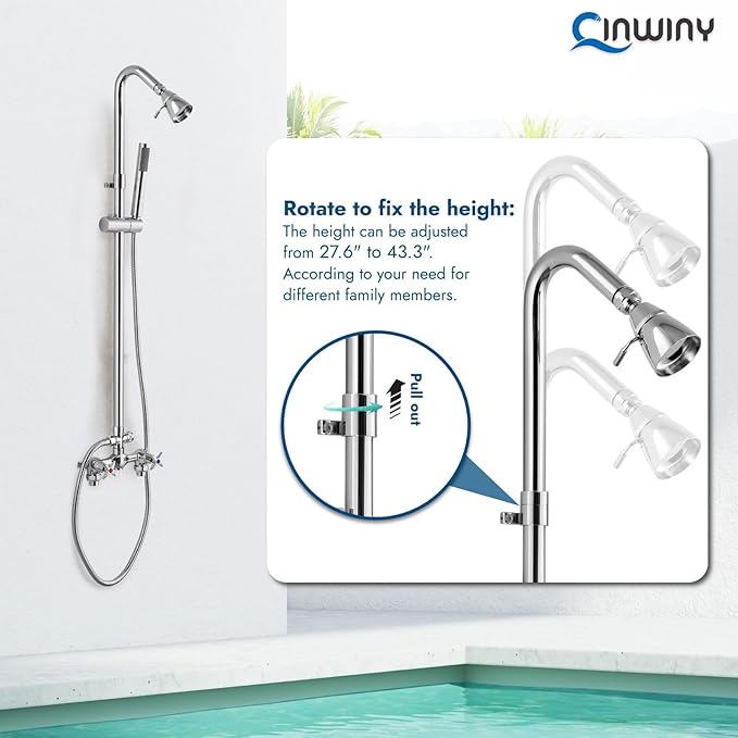 Polish Chrome Wall Mount Outdoor Shower Kit with Hand Held Sprayer Double Cross Handles with Adjustable Slide Bar Dual Function Exposed Shower Faucet System