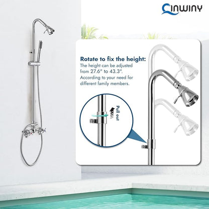 Polish Chrome Wall Mount Outdoor Shower Kit with Hand Held Sprayer Double Cross Handles with Adjustable Slide Bar Dual Function Exposed Shower Faucet System