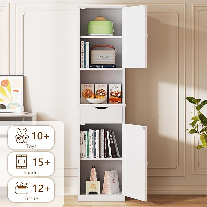 Walsunny Tall Bathroom Storage Cabinet with Freestanding Adjustable Shelves, Narrow Storage Linen Cabinet with 2 Doors and 1 Drawers for Bathroom, Living Room, Kitchen(White)