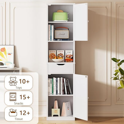 Walsunny Tall Bathroom Storage Cabinet with Freestanding Adjustable Shelves, Narrow Storage Linen Cabinet with 2 Doors and 1 Drawers for Bathroom, Living Room, Kitchen(White)