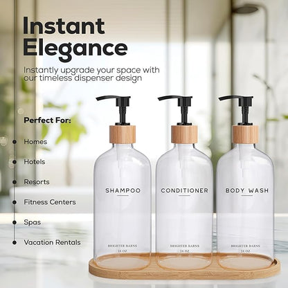 Clear Shampoo and Conditioner Dispenser Set by Brighter Barns - Refillable Plastic Shower Dispenser for Bathroom - Shampoo Bottles & Tray - Modern Bathroom Accessory for Hotel, Vacation Rental (Clear)