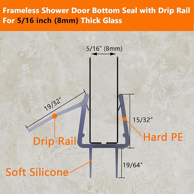 Frameless Shower Door Bottom Seal, 36" Long Shower Door Sweep for 5/16" (8mm) Glass, Clear Vinyl with Drip Rail – Prevent Leaks & Create a Waterproof Barrier