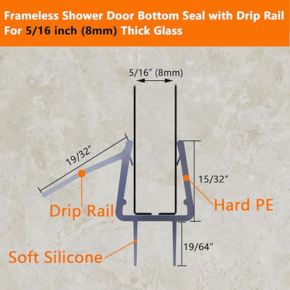 Frameless Shower Door Bottom Seal, 36" Long Shower Door Sweep for 5/16" (8mm) Glass, Clear Vinyl with Drip Rail – Prevent Leaks & Create a Waterproof Barrier